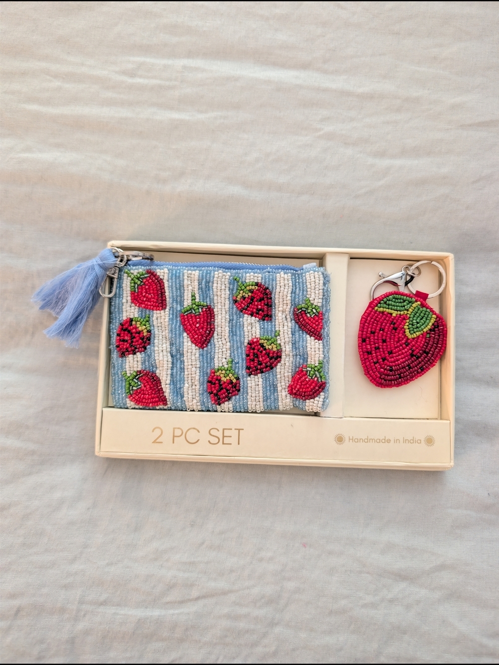 NWT Beaded Strawberry Coin Purse & Keychain Set Gift Set Red White Blue Viral